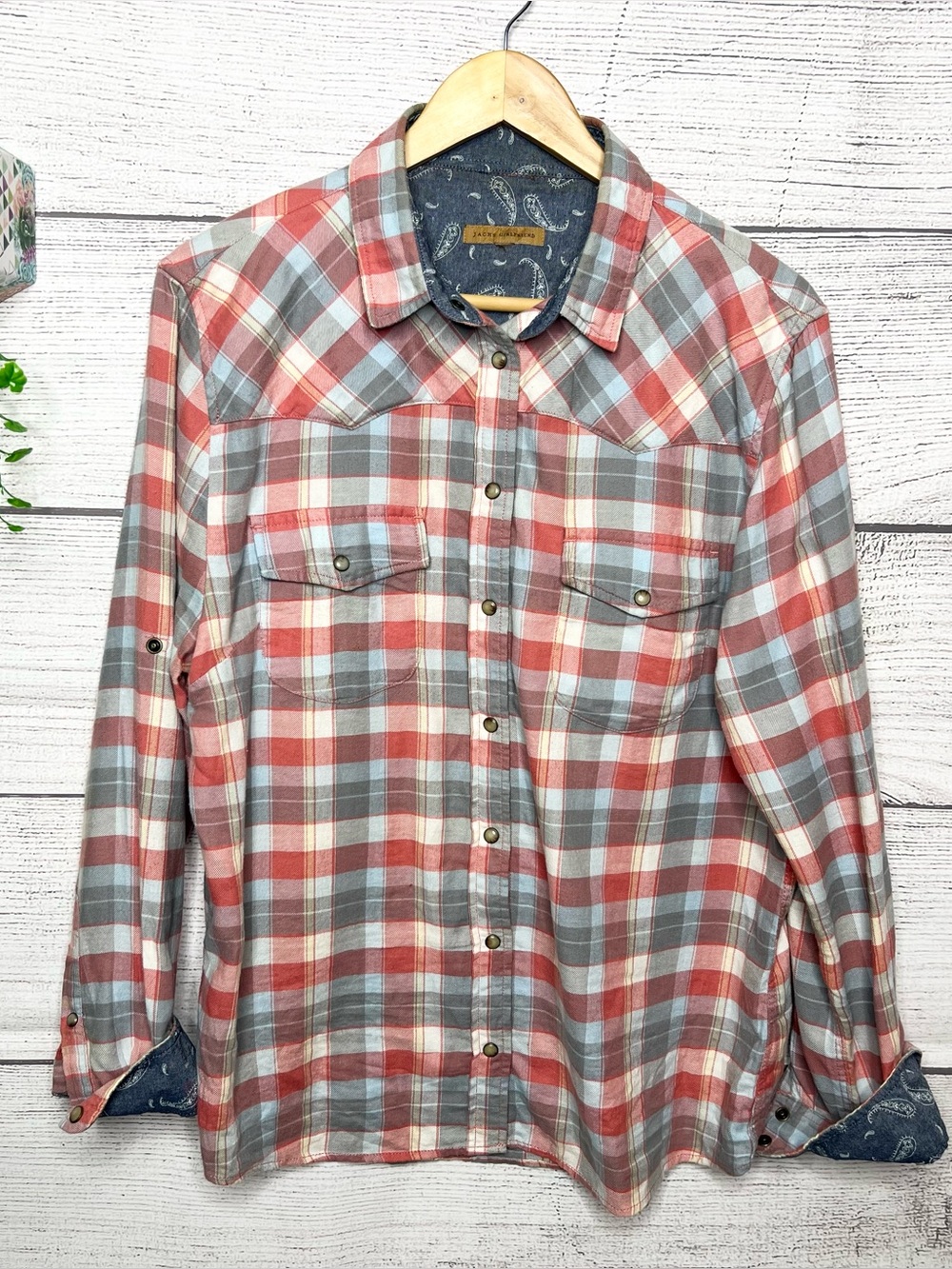 Jachs Girlfriend Red Plaid Flannel Button Down Long Sleeve Shirt Top Size Large